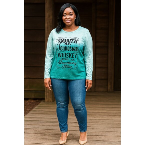 Womens Large Top Smooth As Tennessee Whiskey Graphic Long Sleeve Teal Ombre - Picture 9 of 9